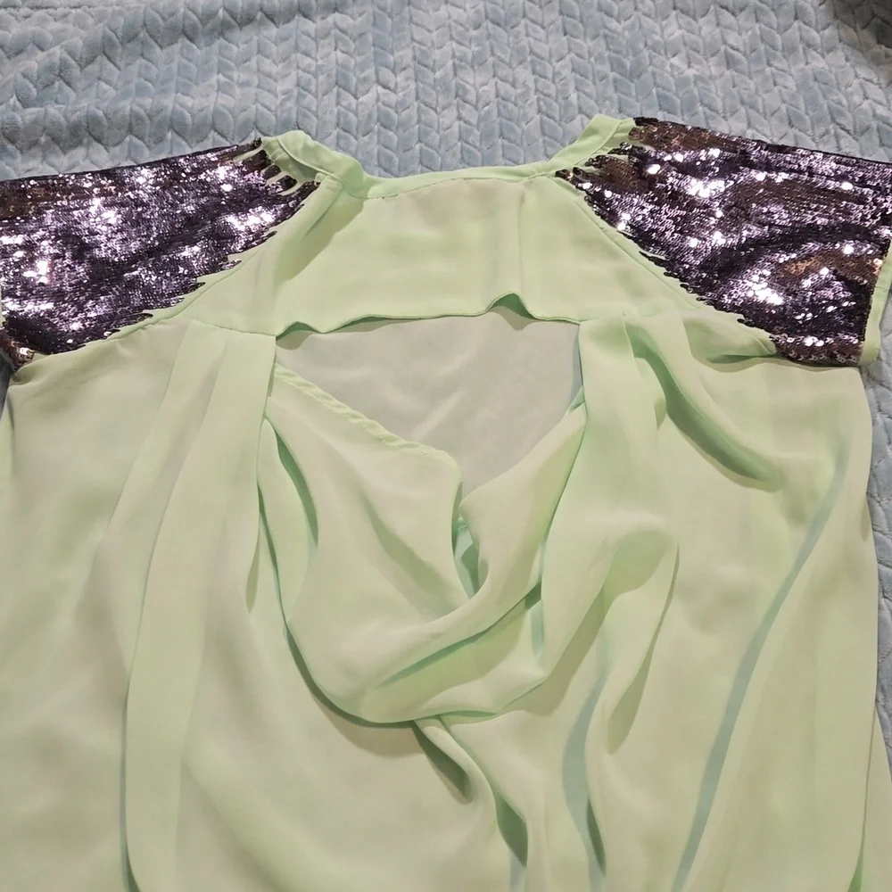 Sheer Green Top with Sequined Sleeves - Picture 6 of 6